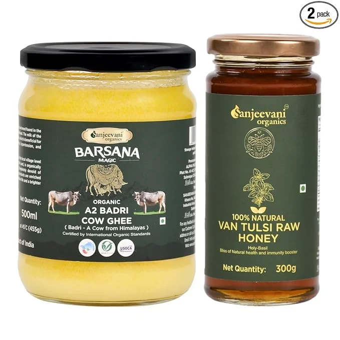 Organic A2 Badri Cow Ghee and van tulsi raw Honey-Sanjeevani Organics